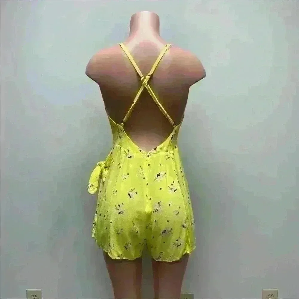 Free People Electric Yellow Floral Sleeveless Tango At Night Wrap Romper 10 - Picture 5 of 15